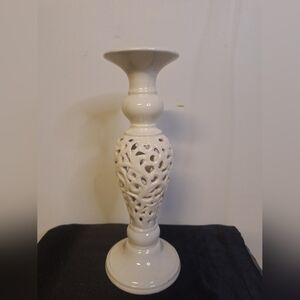 White Ceramic Decorative Candle Holder with Cutout Design 10"